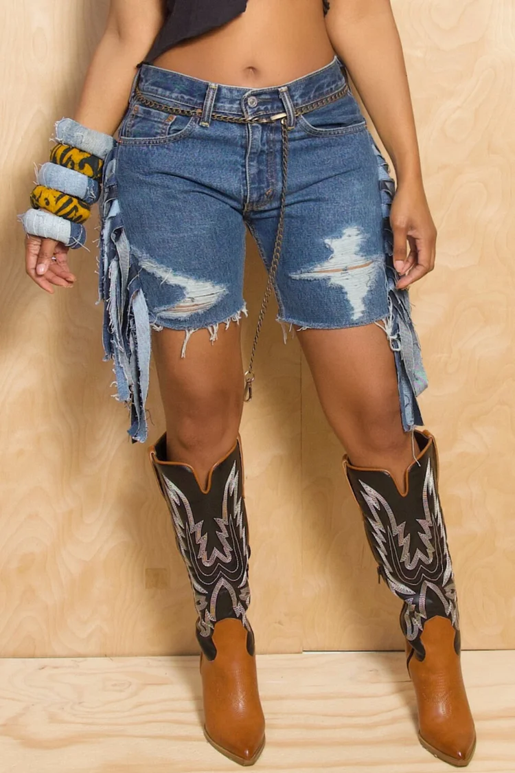 Plus Size Business Casual Blue Casual Strappy Distressed Denim Shorts 2024 - Xpluswear
