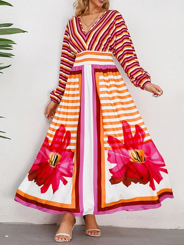 A-Line Long Sleeves Backless Elasticity Flower Print Split-Joint Striped Tied V-Neck Maxi Dresses