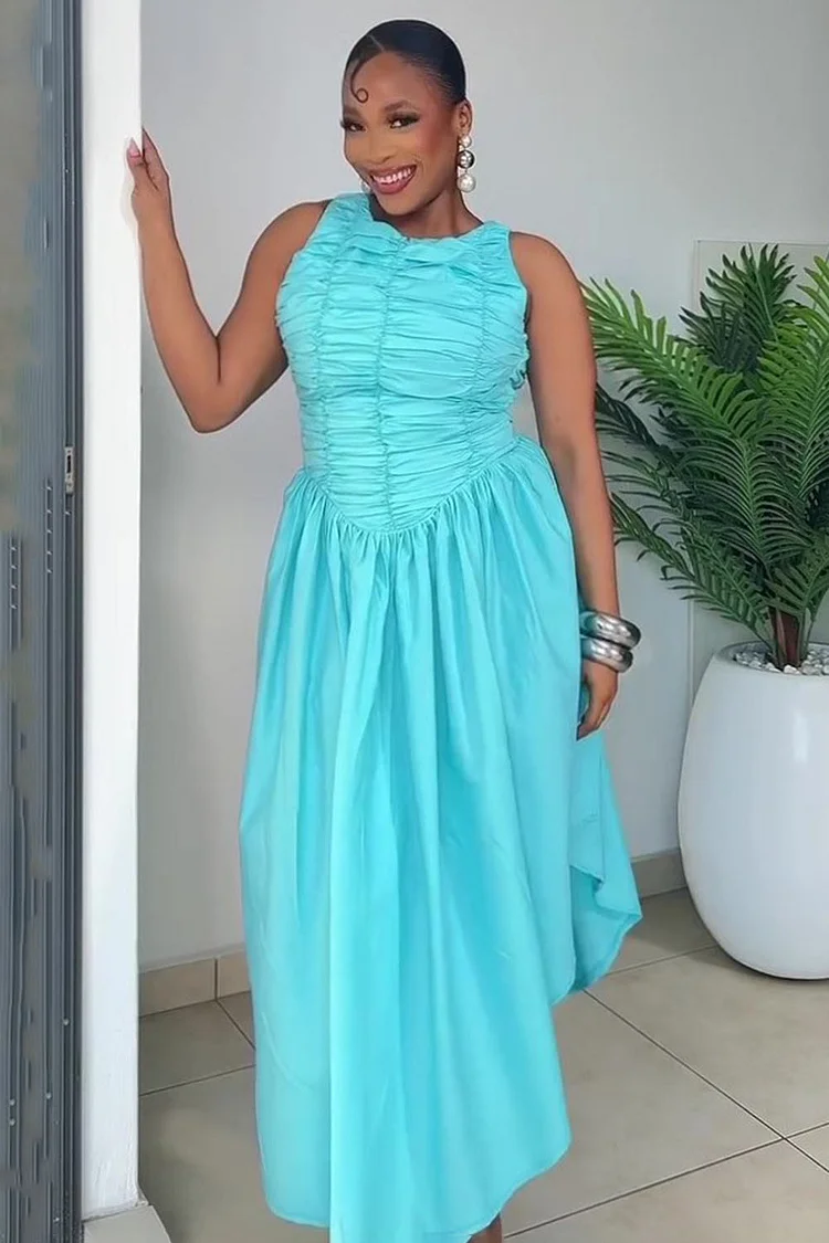 Ruched Open Back Basque Waist Sleeveless Maxi Dresses-Cyan [Pre Order]