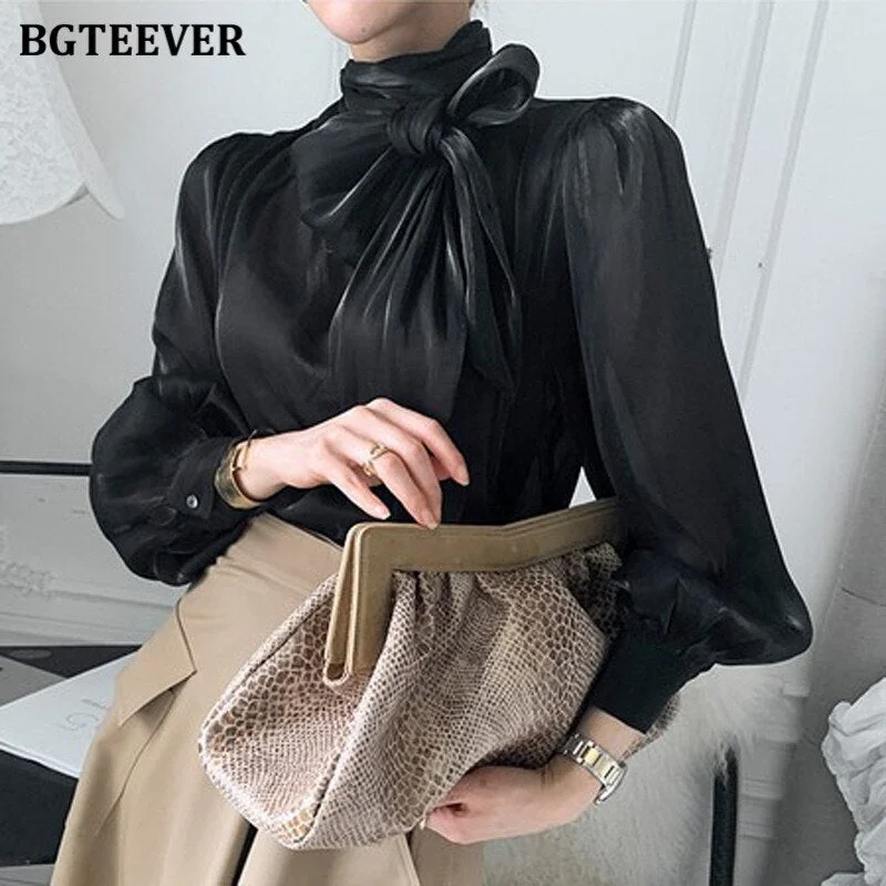 BGTEEVER Elegant Chic Turtleneck Lace-up Solid Blouses Tops for Women Full Sleeve Loose Female Pullovers Shirts 2021 Autumn