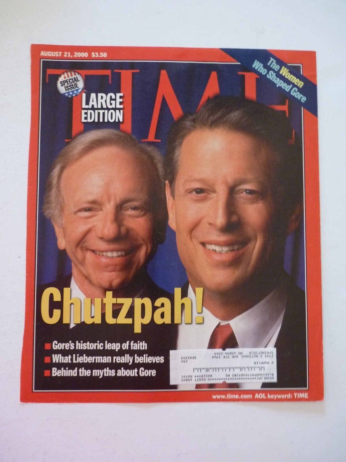 Al Gore Lieberman Time Magazine Cover Only Photo Poster painting Page 9x11