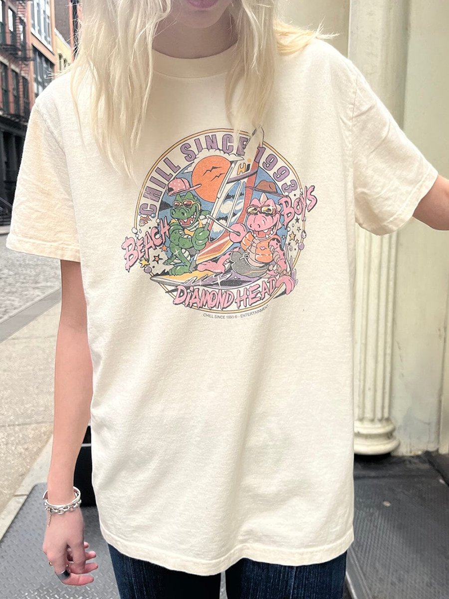 Gamesnexts fall outfits women aesthetic Dinosaur Cartoon Print Loose T-Shirt Summer Harajuku Cute Cotton Round Neck Short Sleeve Tees Woman Vintage Y2k Oversized Tops