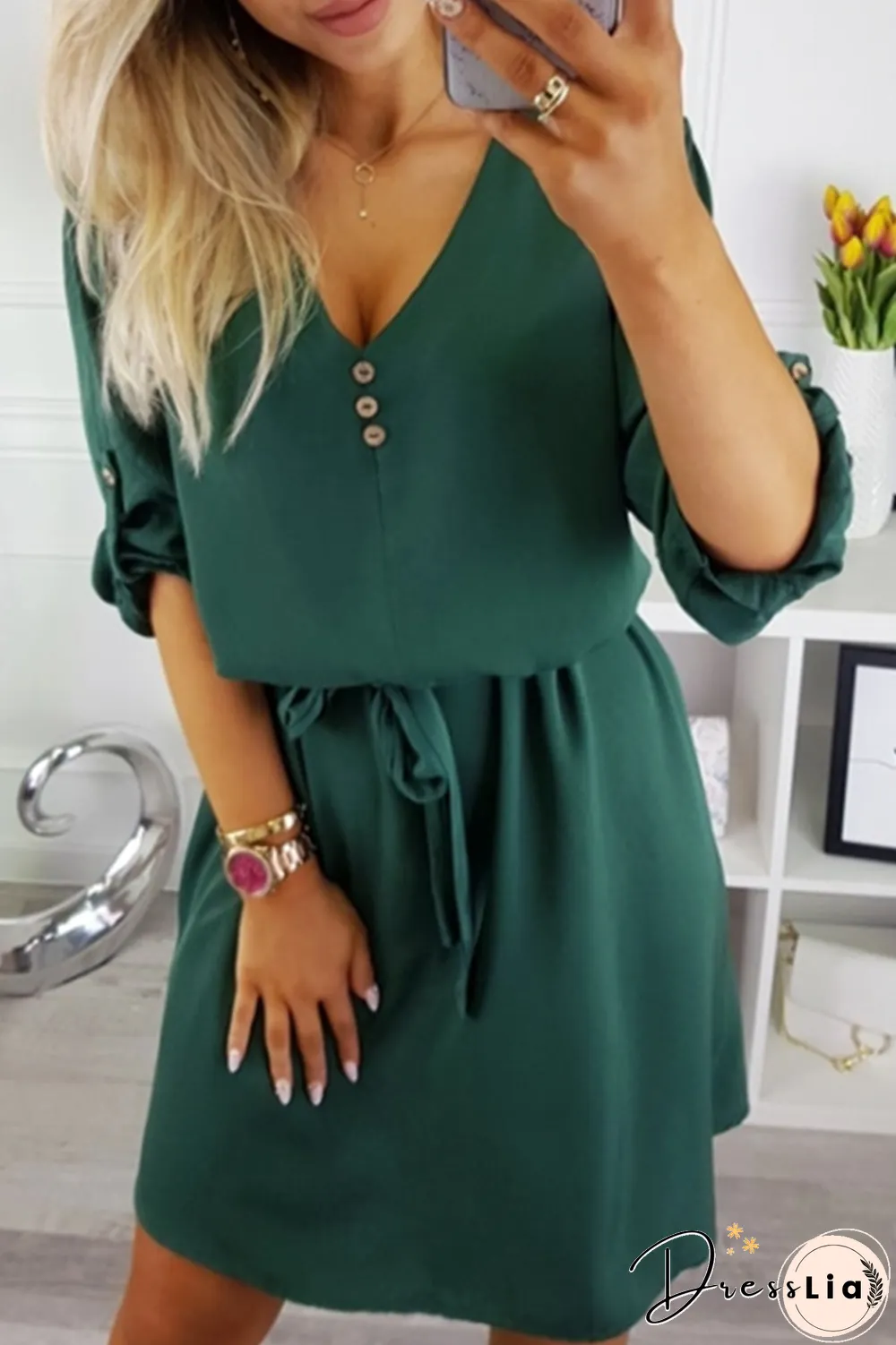 Fashion Casual Solid Buttons Strap Design V Neck Dresses