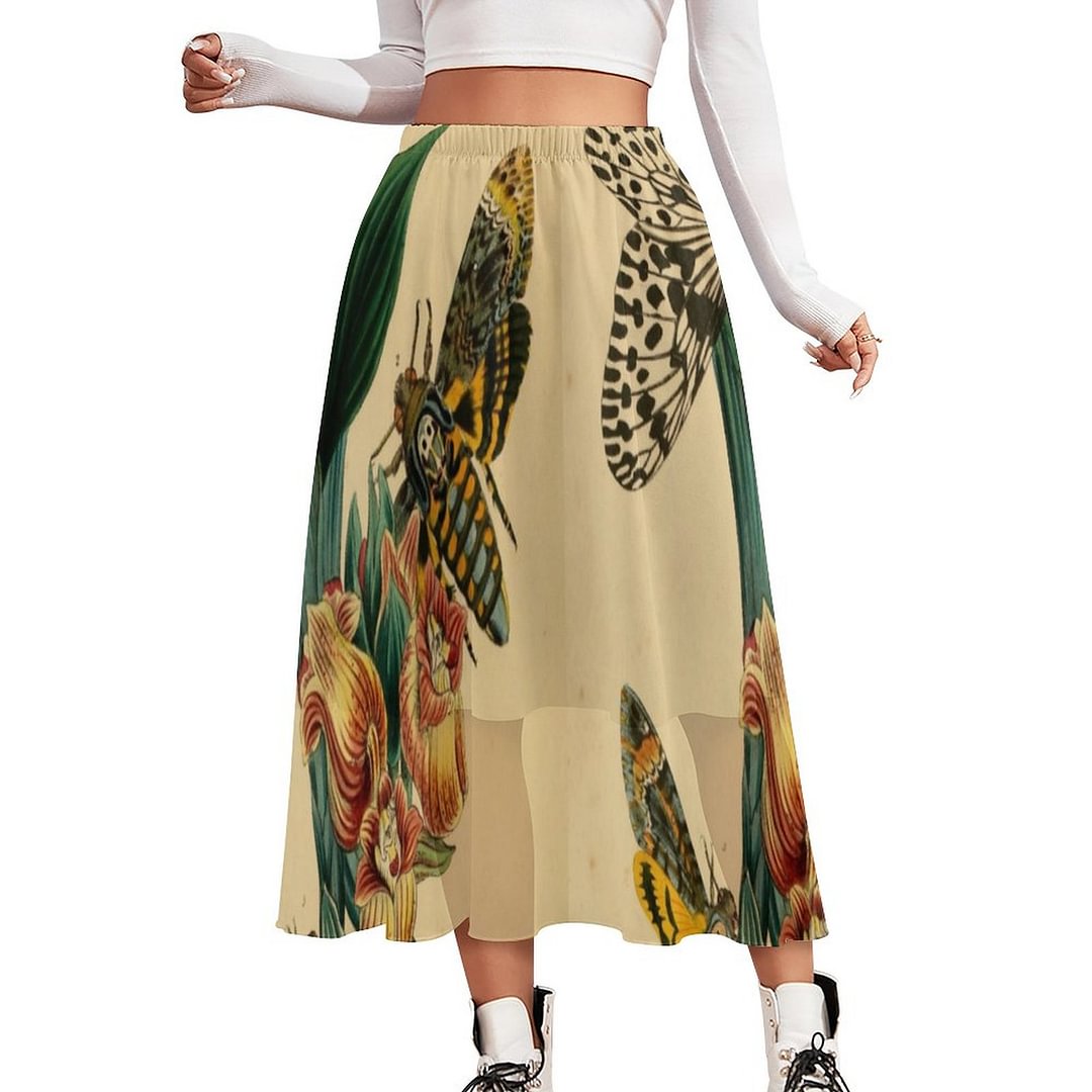 Vintage Deaths Head Moth Illustration Women Double-Layered Long Beach Skirt Loose Elastic Waistband Chiffon Maxi Skirts - Neewho