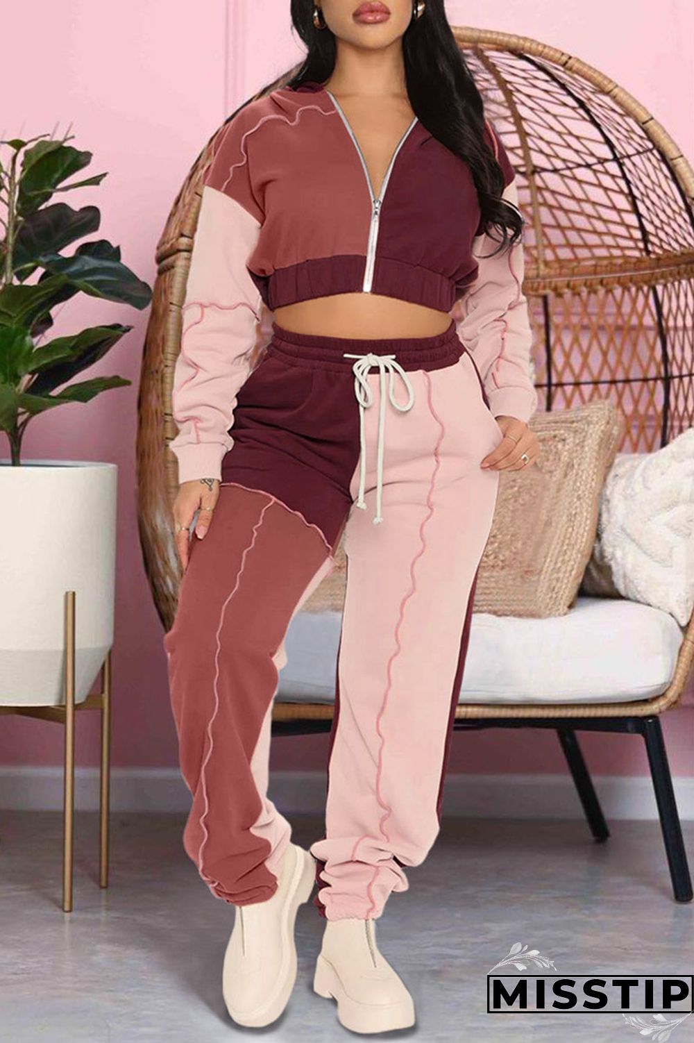 Pink Casual Sportswear Solid Patchwork Zipper Hooded Collar Long Sleeve Two Pieces