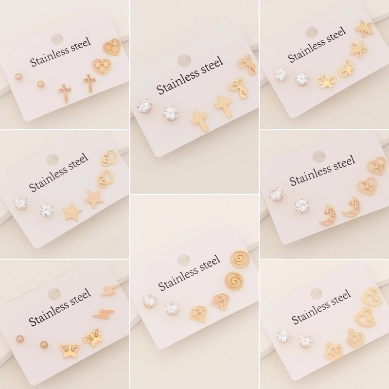 1 Set Minimalist Cross Heart Shape Butterfly Plating Inlay Stainless Steel Rhinestones 18K Gold Plated Ear Studs