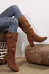 Women's Suede Double Buckled Side Zipped Mid-calf Boots