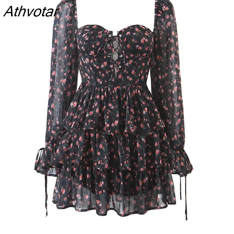 Athvotar 2023 Fashion Women Vintage Floral Print Chiffon Dress Sexy Semi-Sheer Long Sleeve Layered Ruffle Ladies Short Dress