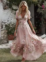 Women's Pink Rose Embroidered Art V-neck Short Sleeve Midi Dress