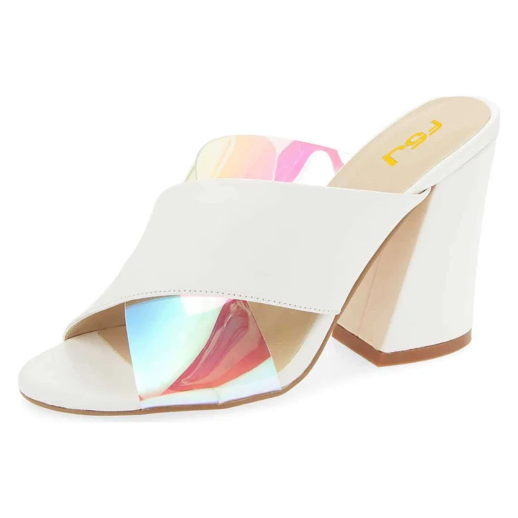 White Hologram Transparent Mule Heels Cross Strap Sandals |FSJ Shoes