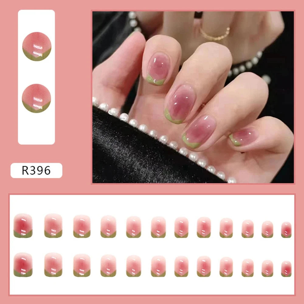  24PCS French Press on Nails with Halos Staining Design Stick On Nail Short Fake Nails Removable Artificial Nails Art Decorations