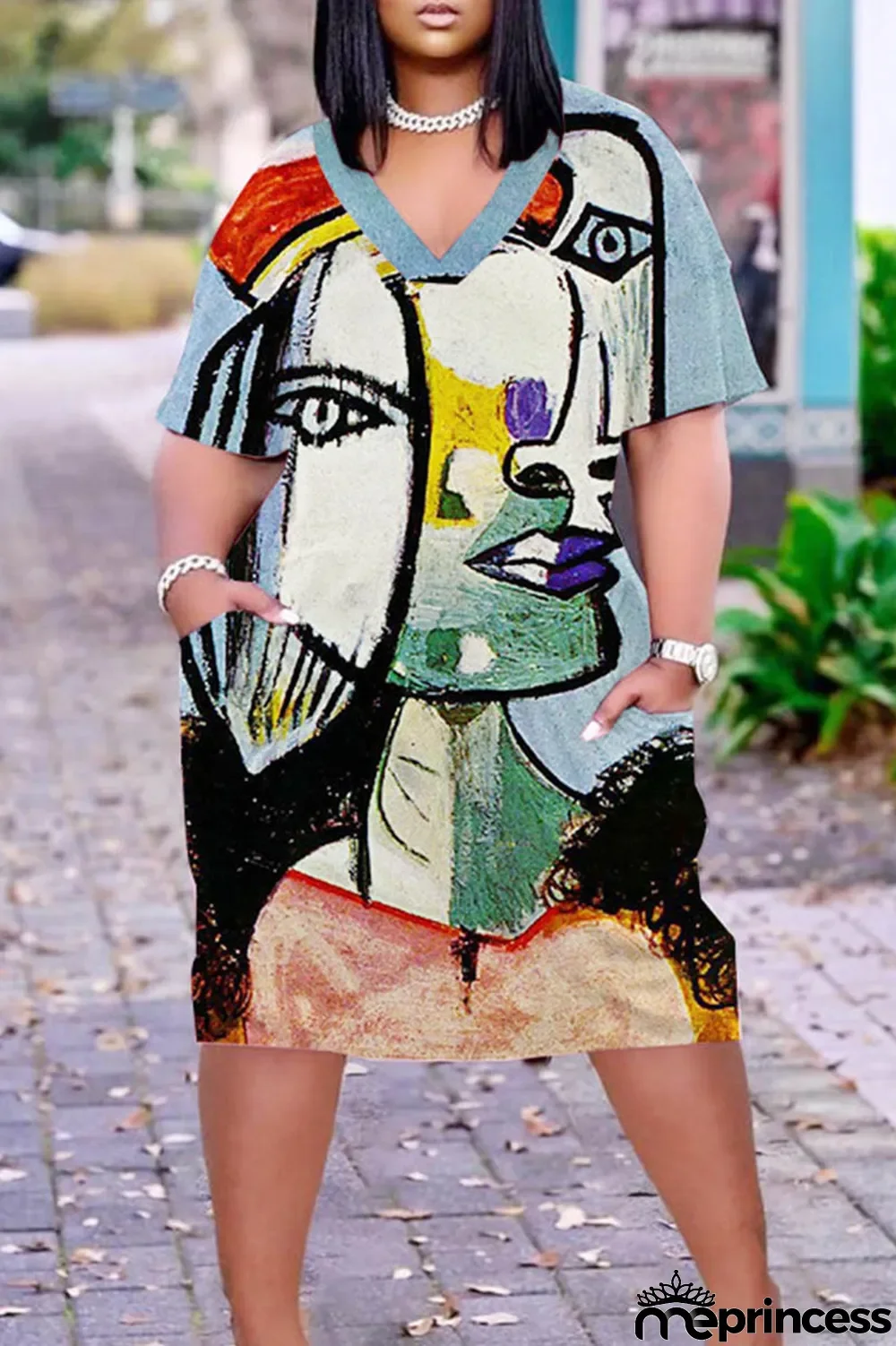 Light Khaki Casual Print Patchwork Basic V Neck Short Sleeve Dress Plus Size Dresses