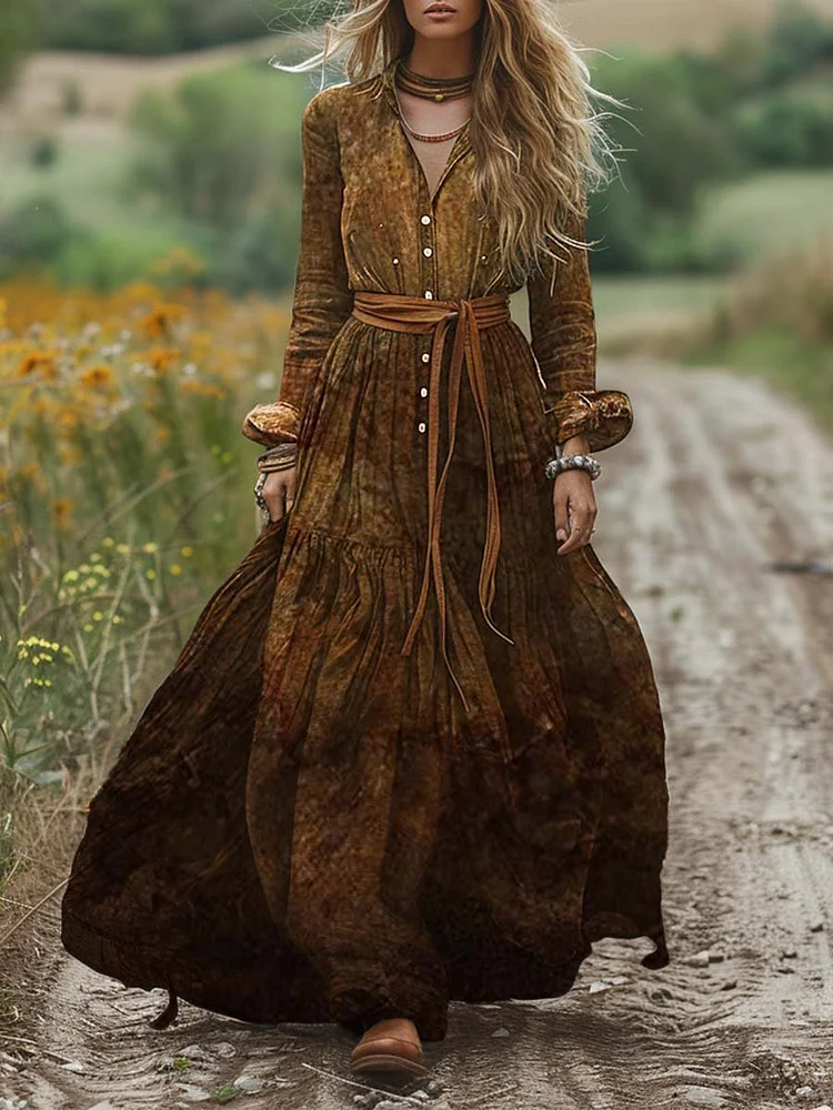 Women's Vintage Shirt Collar Long Sleeve Dress Printed Pocket A-Line Dress