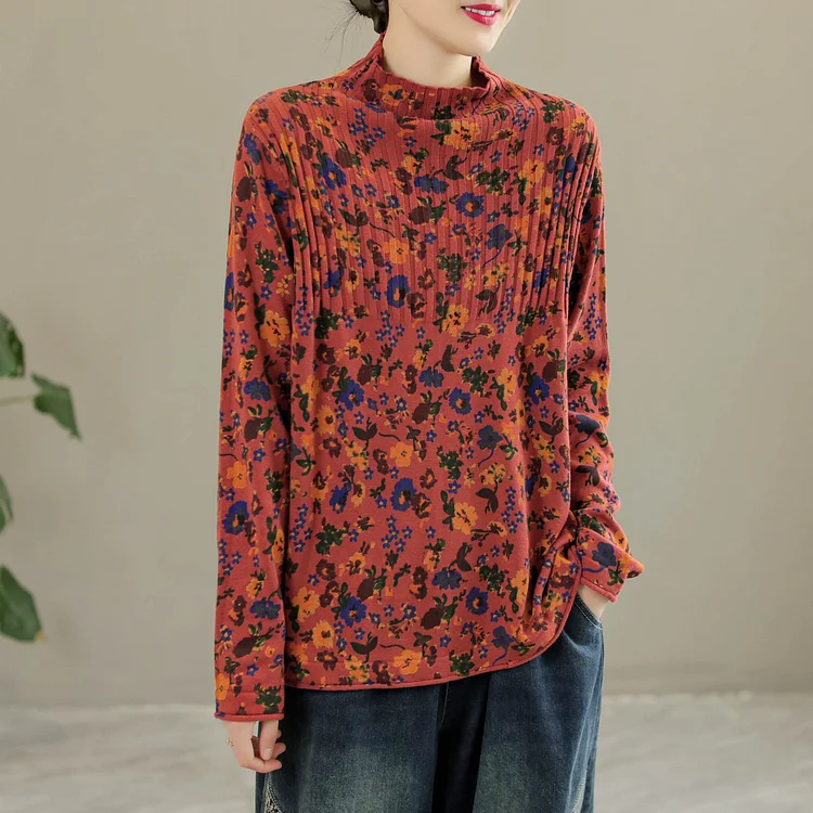 Women Retro Cotton High Collar Knitted Floral Sweater