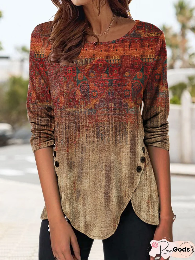 Casual Ethnic Floral Design Crew Neck Knit Long Sleeve Top