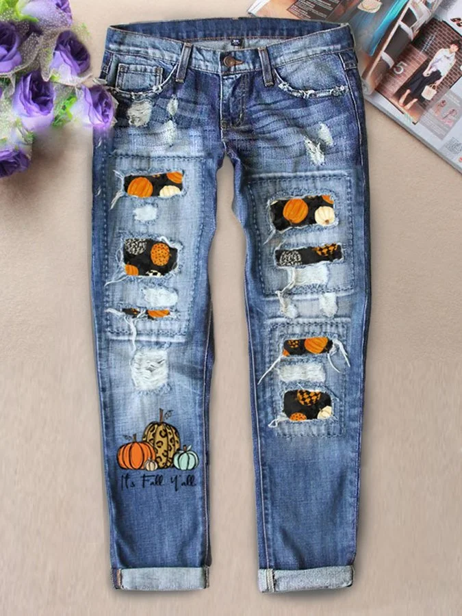 Women's Casual Loose HALLOWEEN PRINT Ripped Jeans