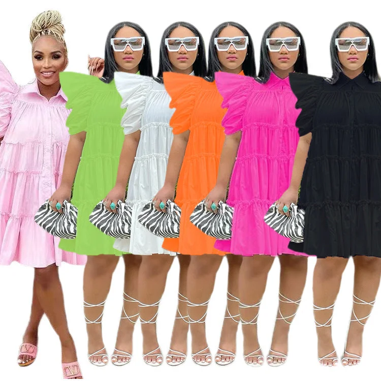 Uveng Dress High Waist Retro Pleated Puff Sleeve Loose Women's Shirt