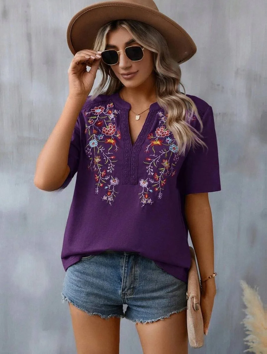 Women's Vintage Boho Casual Embroidered Stitching Lace Loose Blouses V-neck T-shirt
