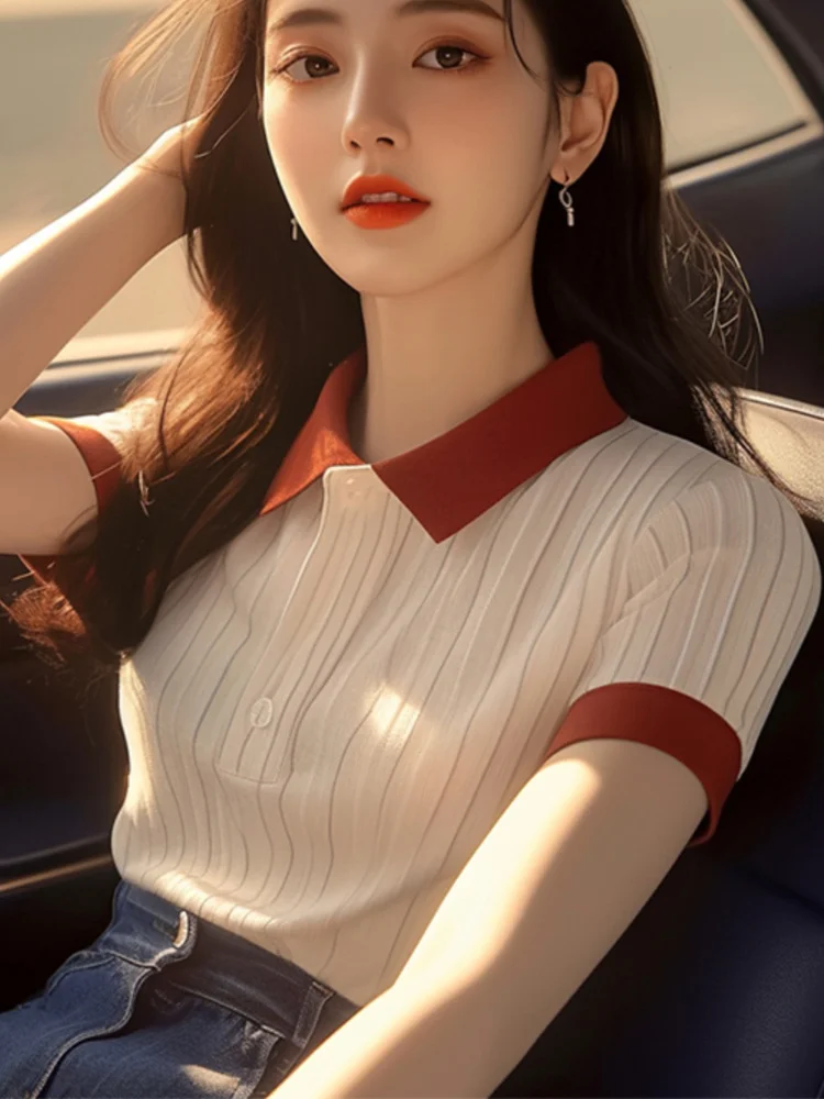 Athvotar Athvotar Simple Super Good-Looking Apricot POLO Collar Short-Sleeved T-Shirts For Women's Summer Unique Slimmed-Beauty Shirts