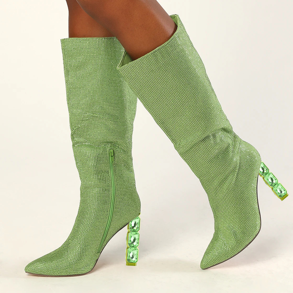 Women's Green Pointed Toe Gem Decorative Heel Tall Rhinestone Boots Nicepairs
