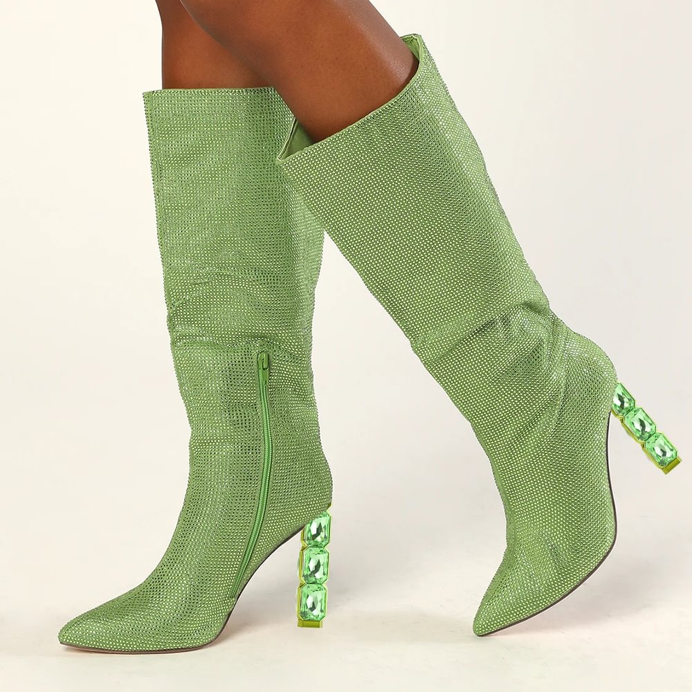 Green Glitter Leather Boots Pointed Toe Decorative Heel Boots Nicepairs