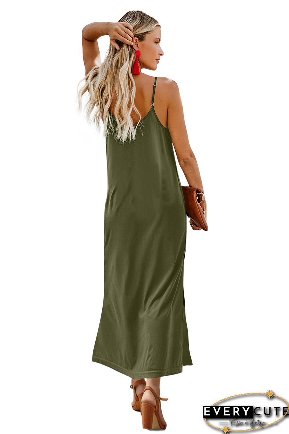 Green Button Slip Long Dress