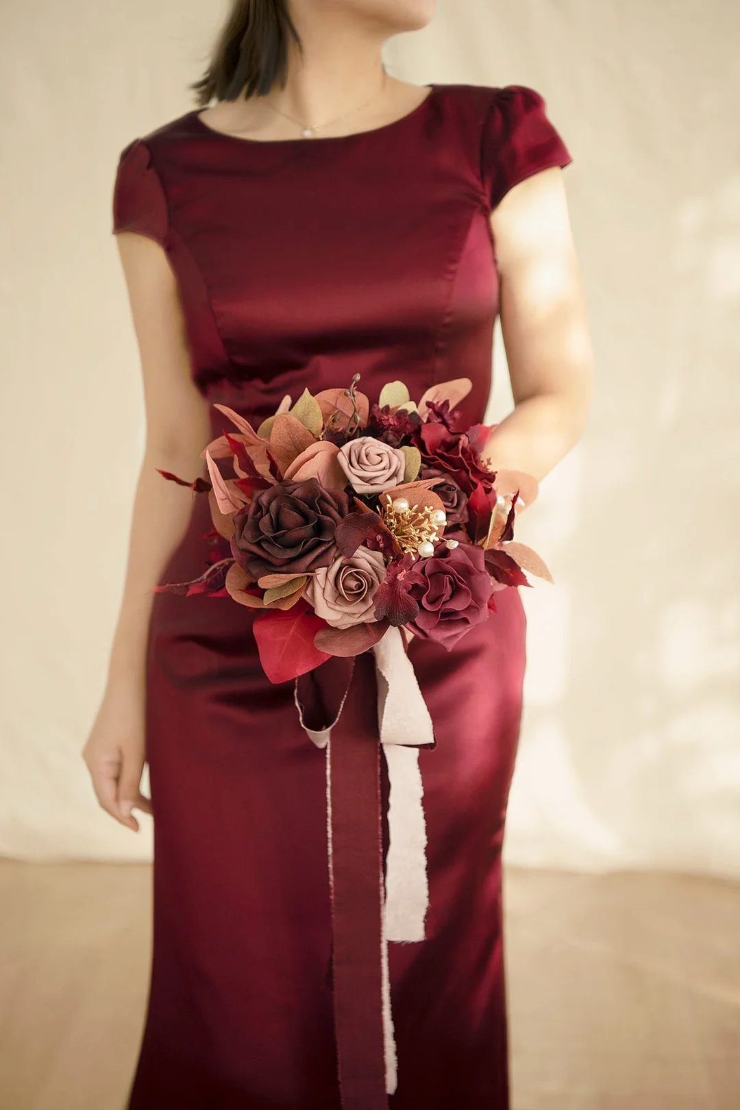 Free-Form Bridesmaid Bouquets in Burgundy & Dusty Rose