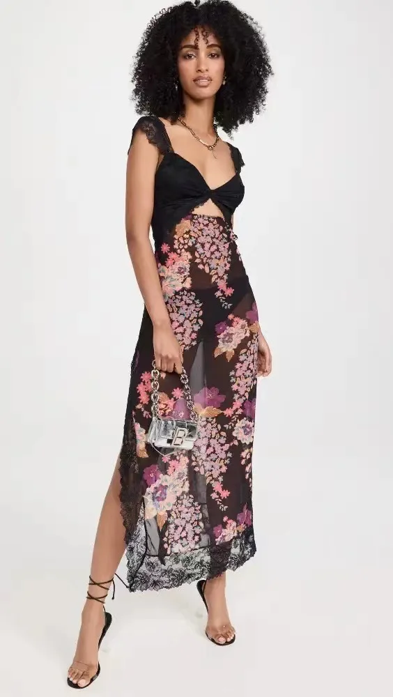 Women's Floral Print Lace Trim Maxi Dress