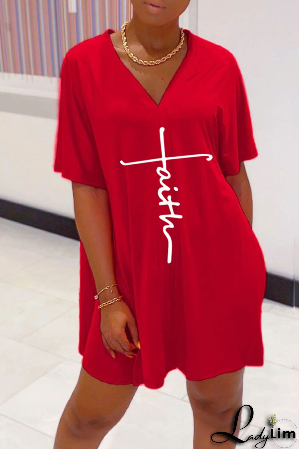 Tangerine Red Casual Print Split Joint V Neck Short Sleeve Two Pieces