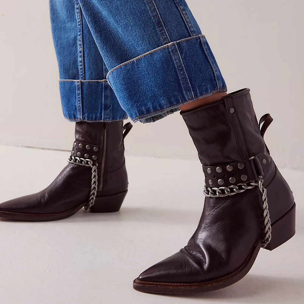 Dark Brown Pointed Toe Studded Western Cowgirl Boots for Women Nicepairs