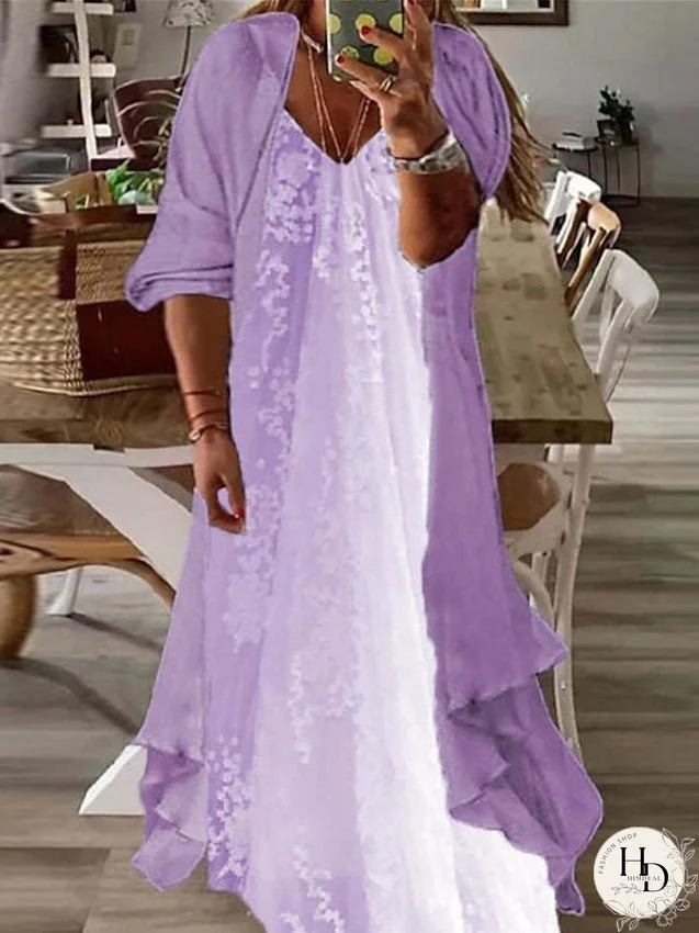 Plus Size Two Piece Dress Casual Dress Floral V Neck Maxi Dress Print Half Sleeve Fall Spring Dress Casual Daily Vacation Dress for Women