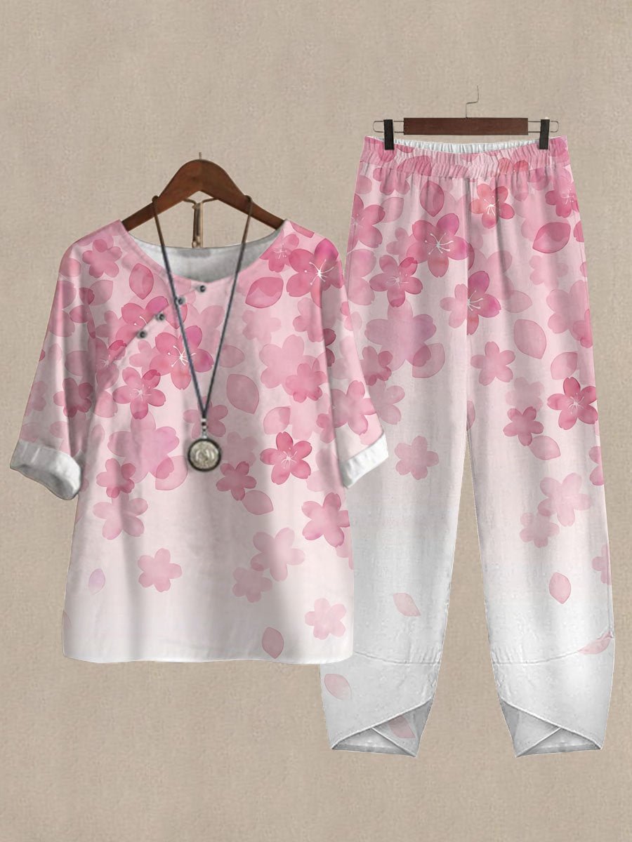 Pink Cherry Blossom Print Top And Pants Two-piece Suits