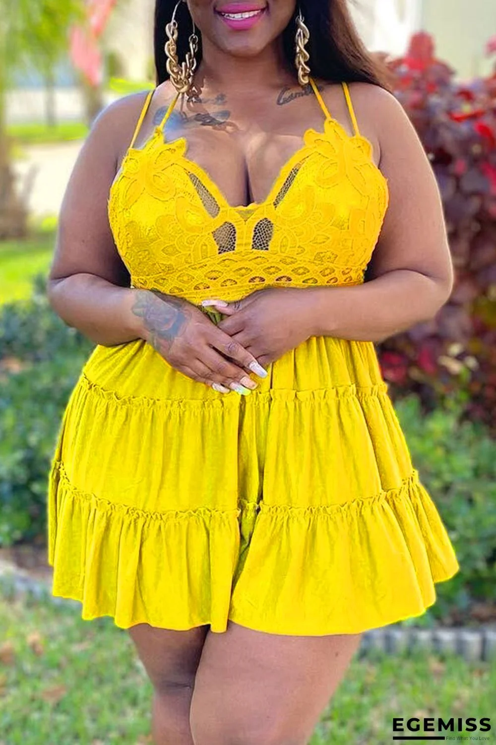 Yellow Fashion Sexy Solid Lace Backless Fold V Neck Sling Dress Plus Size Dresses | EGEMISS