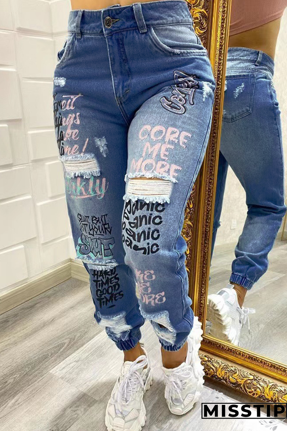 Blue Casual Patchwork Ripped High Waist Harlan Denim Jeans