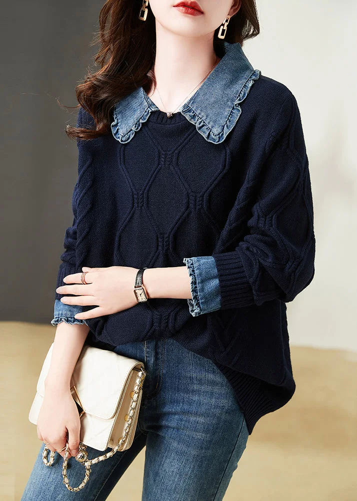 Women Navy Ruffled Patchwork False Two Pieces Cotton Knit Top Long Sleeve