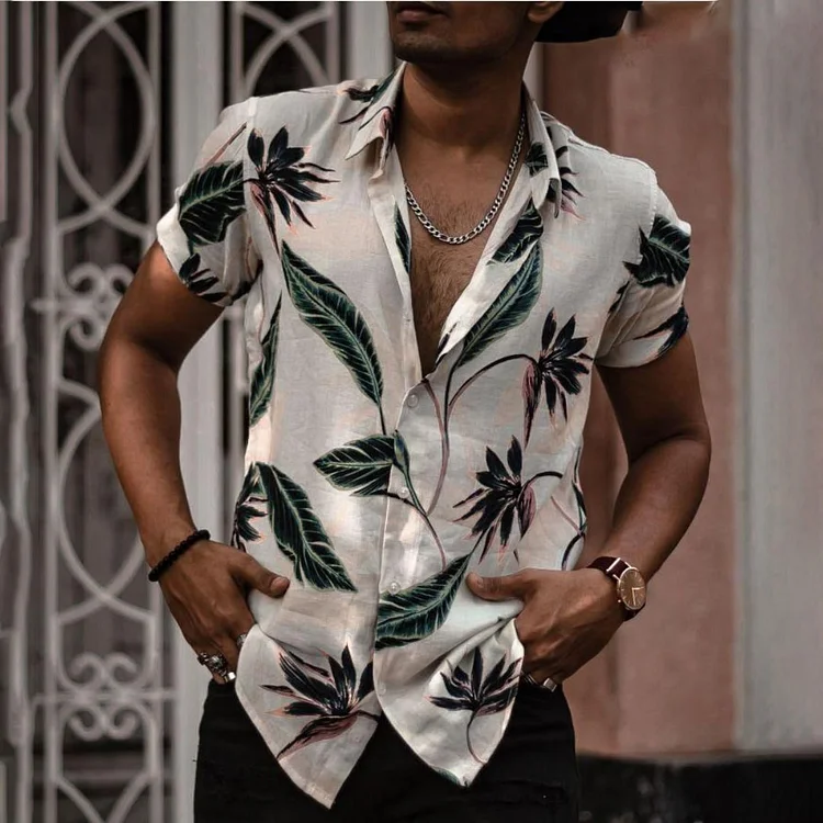 BrosWear Men'S Summer Simple Leaf Print Short Sleeves Shirt