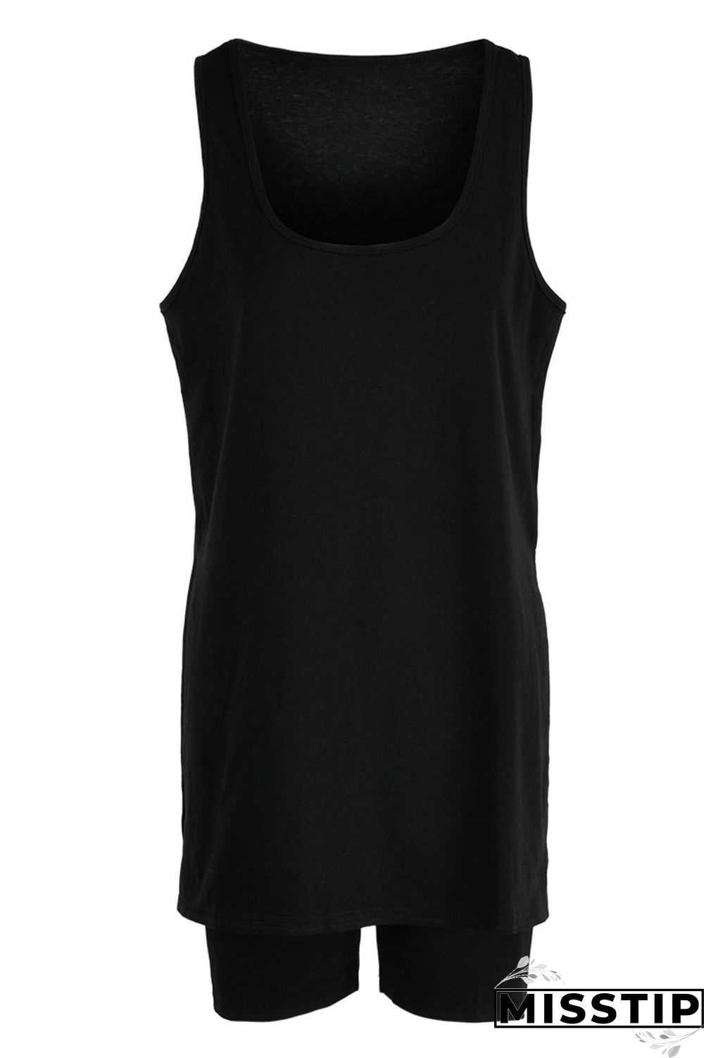 Black Fashion Casual Solid Slit U Neck Sleeveless Two Pieces