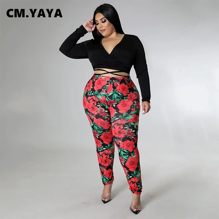 CM.YAYA Plus Size Elegant Two 2 Piece Set for Women 2022 Summer Floral Tie Dye Leggings and Crop Tops Matching Set Tracksuit