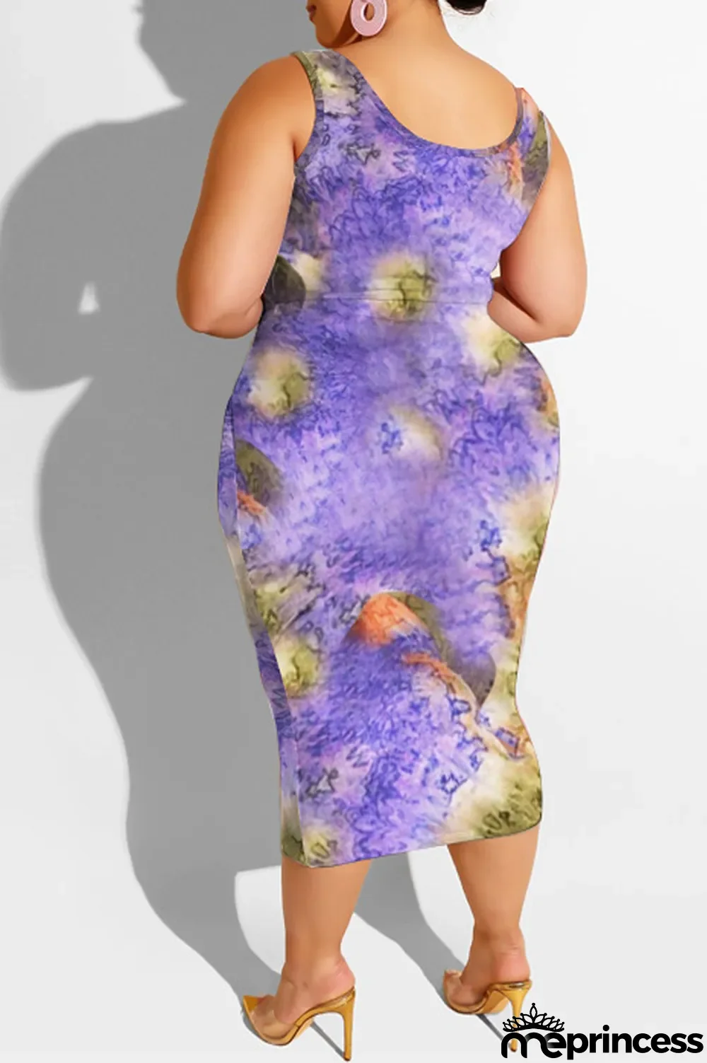 purple Polyester Sexy Slip Print Belt Tie Dye Plus Size