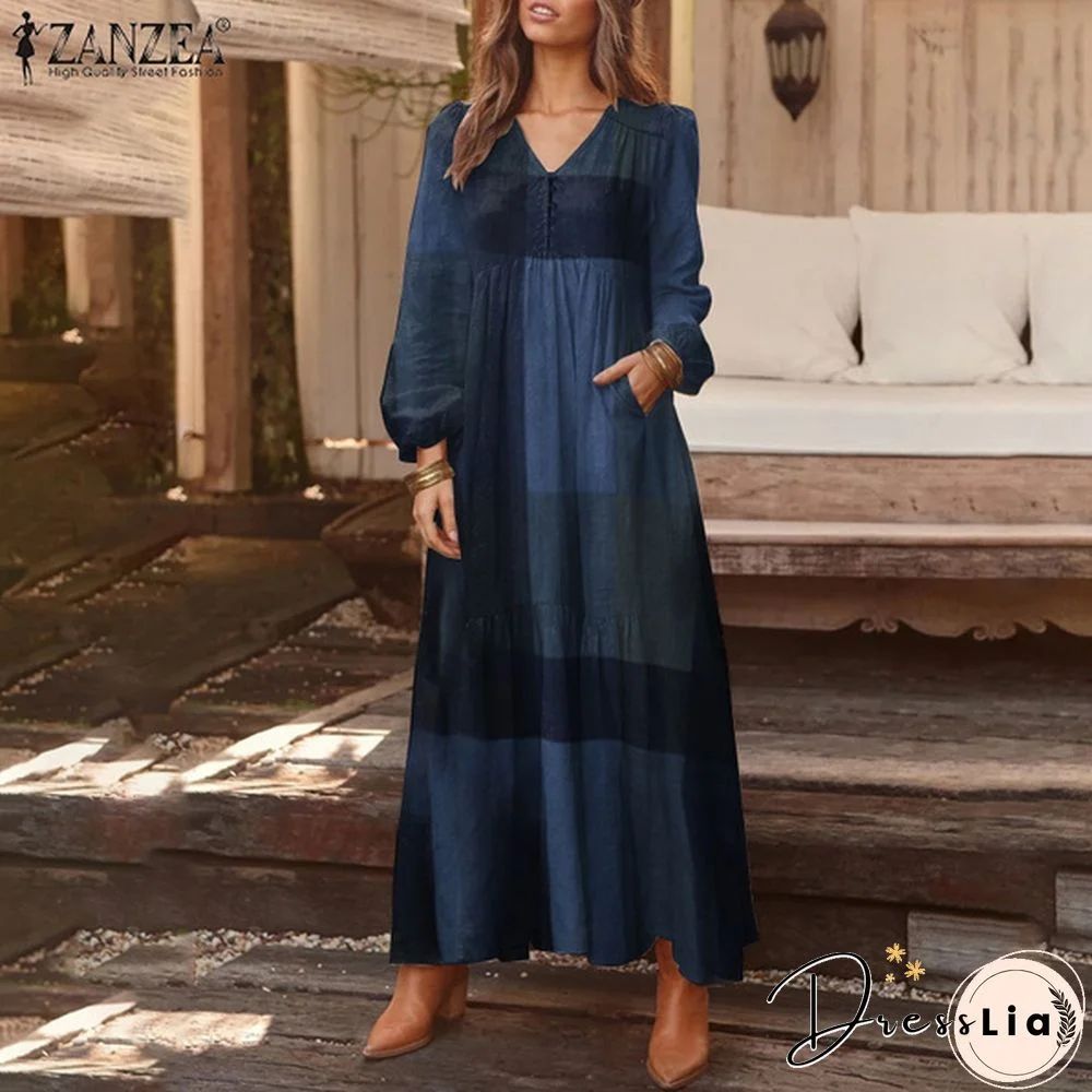 Zanzea Women Long Sleeve V-Neck Printed Kaftan Puff Sleeve Casual Loose Long Maxi Dresses Plus Size