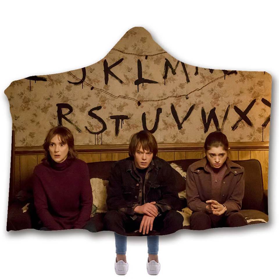 Stranger Things Hooded Blanket For children Sherpa Fleece Hoodie Blanket For Sofa Microfiber Mantle Throw Blanket For Travel