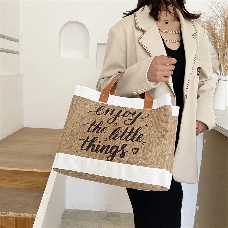 Women’s Large Cotton And Linen Letter Basic Classic Style Square Open Tote Bag