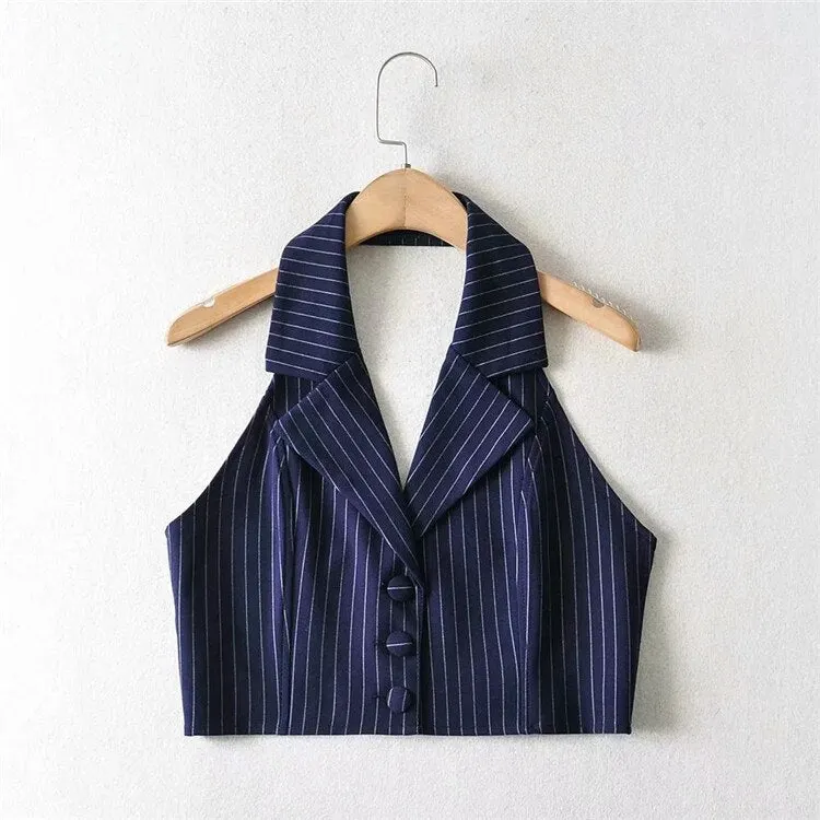 Women's Vest Blazers Striped Crop Tops and Blouses Single Breasted Sleeveless Femme Tanks Vintage Slim V neck Fashion Spring trf