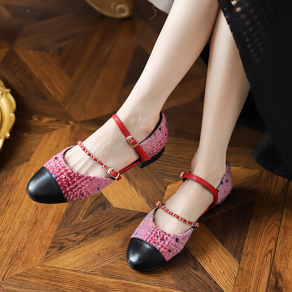 Black & Red Round Toe Chunky Heel Strappy Pumps Nicepairs