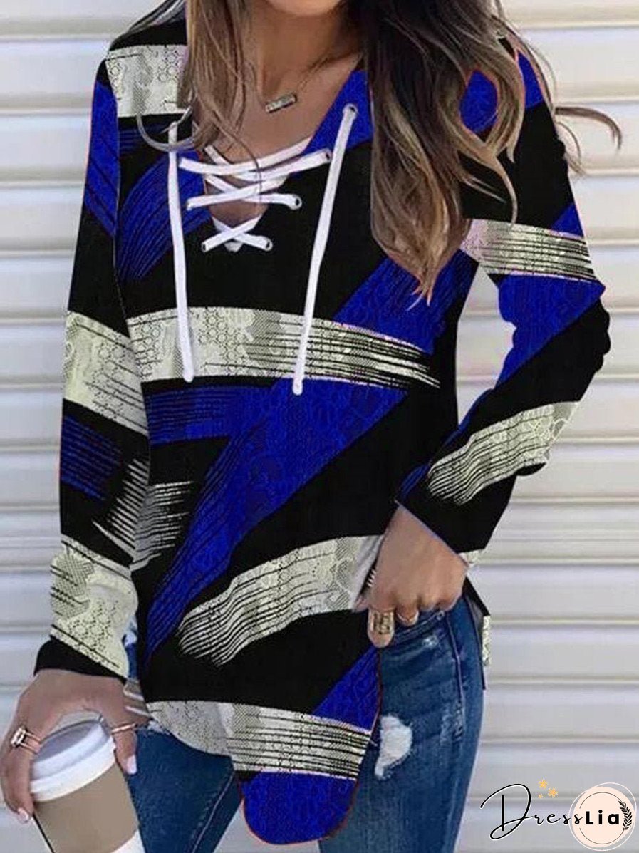 Women's T-Shirts V-Neck Tie Cloth Printed Long Sleeve T-Shirt