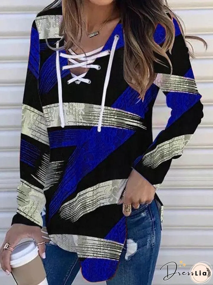 Women's T-Shirts V-Neck Tie Cloth Printed Long Sleeve T-Shirt