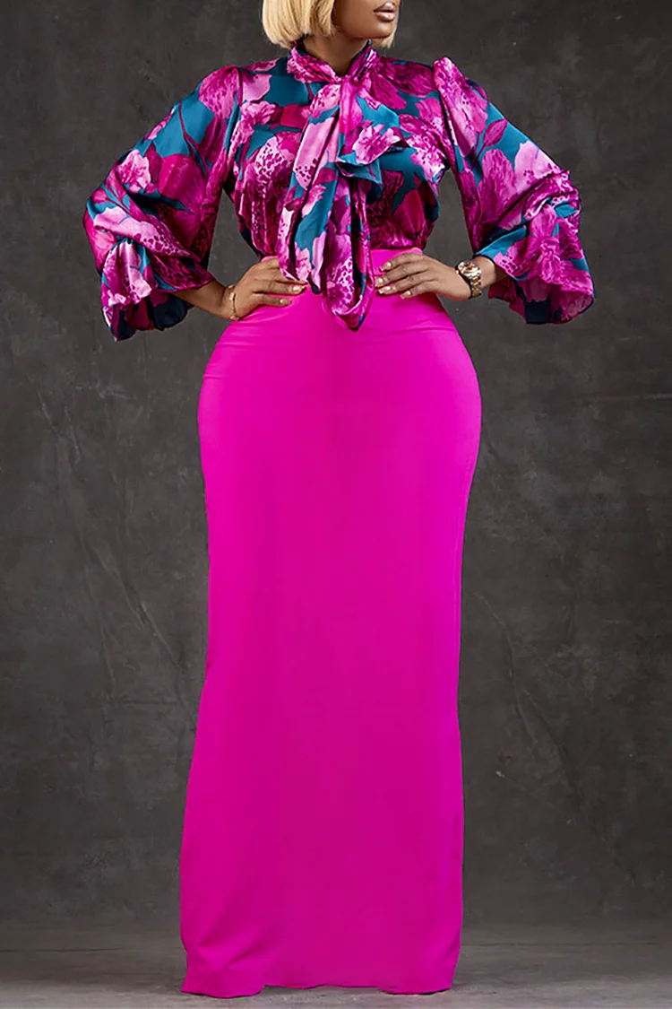 Floral Print Flared Sleeve Blouse High Waist Maxi Skirt Matching Set-Pink