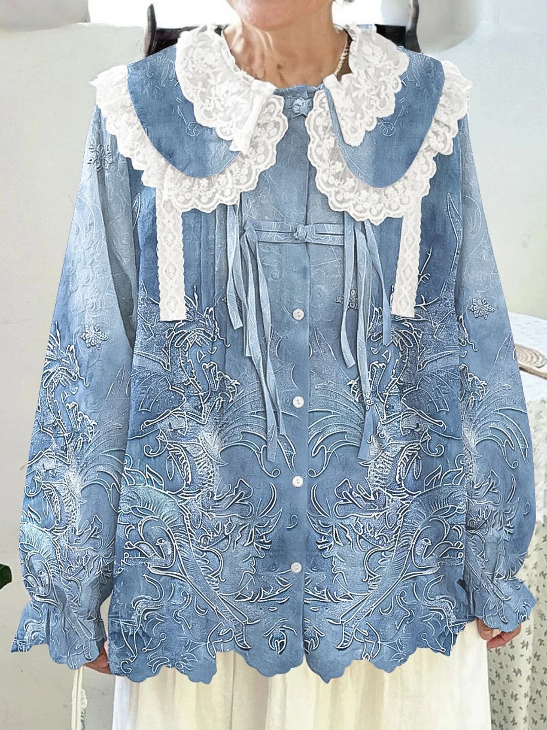 Women Printed Long Sleeve Round-neck  Cute Collar Shirts Blouses Blue