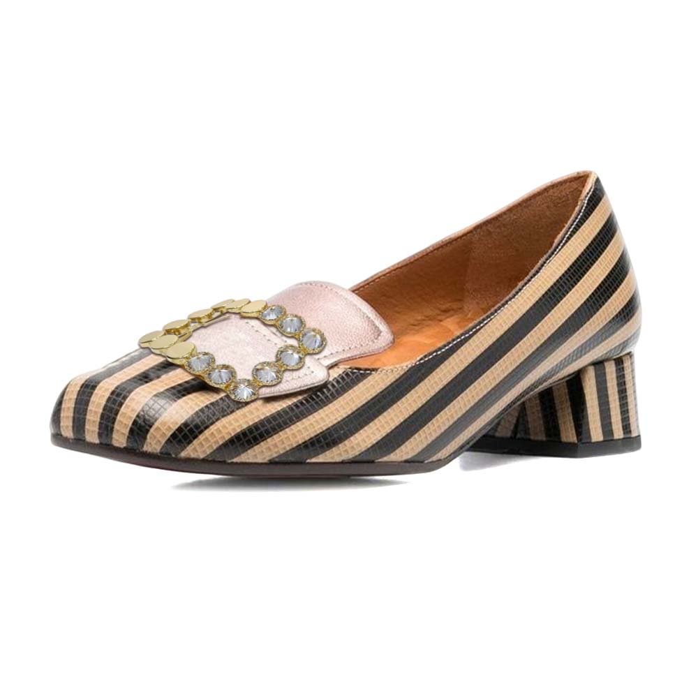 Multicolor Striped Leather Loafers With Square Rhinestone Decor Chunky Heels Nicepairs