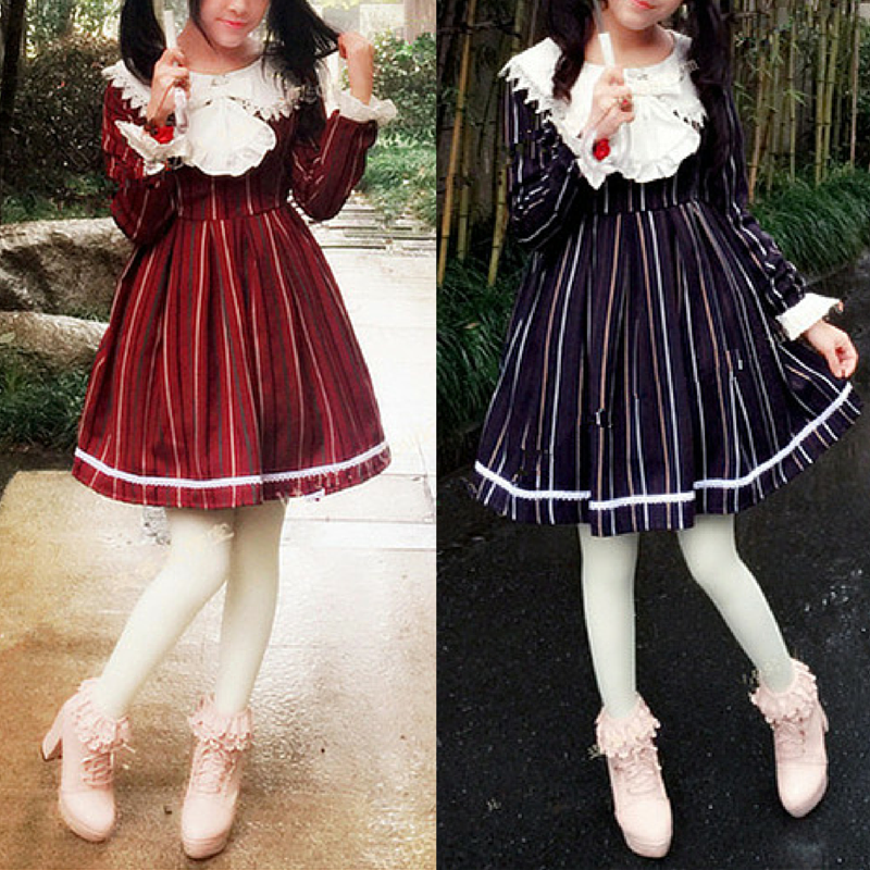 M/L Wine/Navy Lolita Stripe Dress SP164768